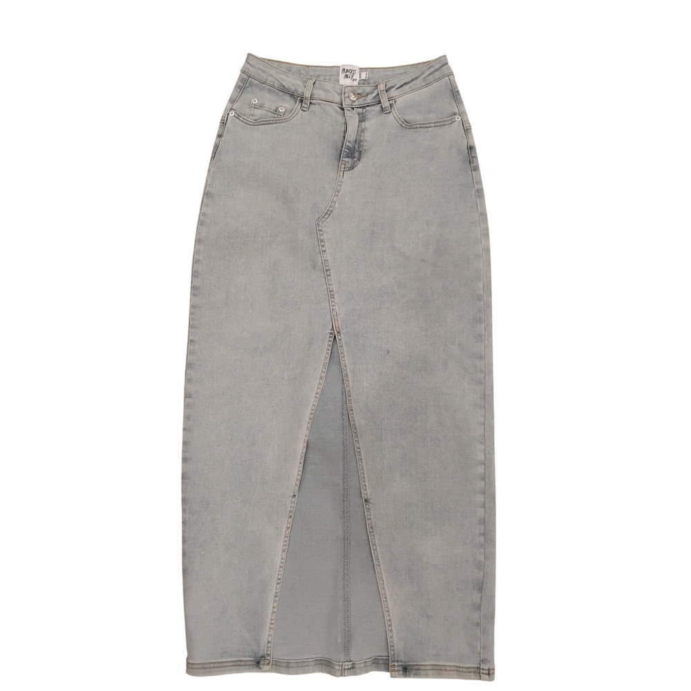 Princess Polly Light Wash Denim Maxi Skirt Front Slit High Waisted Size 4